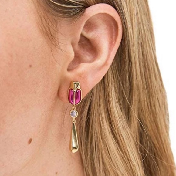 $88 Kate Spade ‘love bug’ beetle drop earrings in magenta and gold - Picture 2 of 5